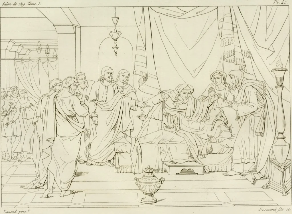 An illustration from Annales du musée et de l'école moderne des beaux-arts : recueil de gravures au trait, d'après les principaux ouvrages de peinture, sculpture, ou projets d'architecture, qui, chaque année, ont remporté le prix, soit aux écoles spéciales, soit aux concours nationaux : les productions des artistes en tous genres, qui, aux différentes expositions, ont été citées avec éloges : les morceaux les plus estimés ou inédits de la galerie de peinture : la suite complète de celle des antiques : édifices anciens et modernes, etc., 1800, leaf 156