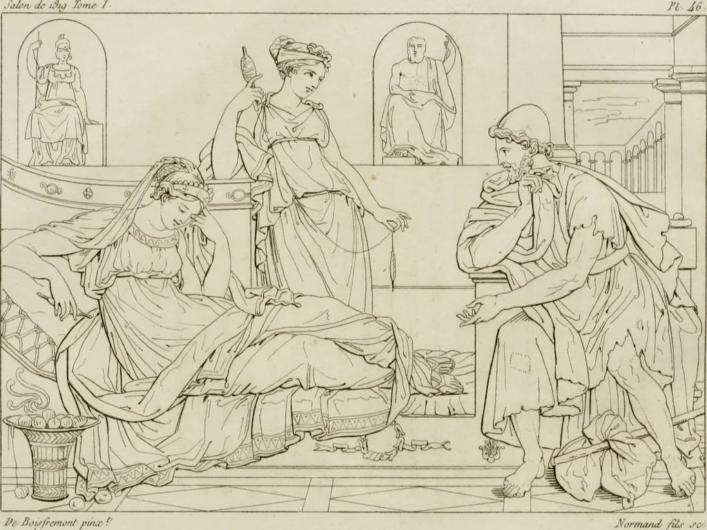 An illustration from Annales du musée et de l'école moderne des beaux-arts : recueil de gravures au trait, d'après les principaux ouvrages de peinture, sculpture, ou projets d'architecture, qui, chaque année, ont remporté le prix, soit aux écoles spéciales, soit aux concours nationaux : les productions des artistes en tous genres, qui, aux différentes expositions, ont été citées avec éloges : les morceaux les plus estimés ou inédits de la galerie de peinture : la suite complète de celle des antiques : édifices anciens et modernes, etc., 1800, leaf 159