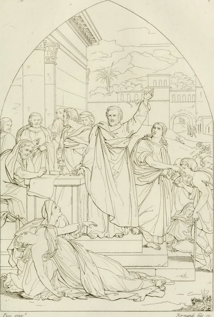 An illustration from Annales du musée et de l'école moderne des beaux-arts : recueil de gravures au trait, d'après les principaux ouvrages de peinture, sculpture, ou projets d'architecture, qui, chaque année, ont remporté le prix, soit aux écoles spéciales, soit aux concours nationaux : les productions des artistes en tous genres, qui, aux différentes expositions, ont été citées avec éloges : les morceaux les plus estimés ou inédits de la galerie de peinture : la suite complète de celle des antiques : édifices anciens et modernes, etc., 1800, leaf 162