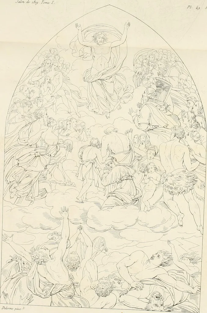An illustration from Annales du musée et de l'école moderne des beaux-arts : recueil de gravures au trait, d'après les principaux ouvrages de peinture, sculpture, ou projets d'architecture, qui, chaque année, ont remporté le prix, soit aux écoles spéciales, soit aux concours nationaux : les productions des artistes en tous genres, qui, aux différentes expositions, ont été citées avec éloges : les morceaux les plus estimés ou inédits de la galerie de peinture : la suite complète de celle des antiques : édifices anciens et modernes, etc., 1800, leaf 168