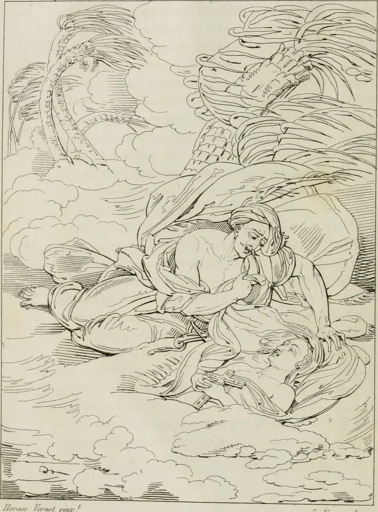 An illustration from Annales du musée et de l'école moderne des beaux-arts : recueil de gravures au trait, d'après les principaux ouvrages de peinture, sculpture, ou projets d'architecture, qui, chaque année, ont remporté le prix, soit aux écoles spéciales, soit aux concours nationaux : les productions des artistes en tous genres, qui, aux différentes expositions, ont été citées avec éloges : les morceaux les plus estimés ou inédits de la galerie de peinture : la suite complète de celle des antiques : édifices anciens et modernes, etc., 1800, leaf 17