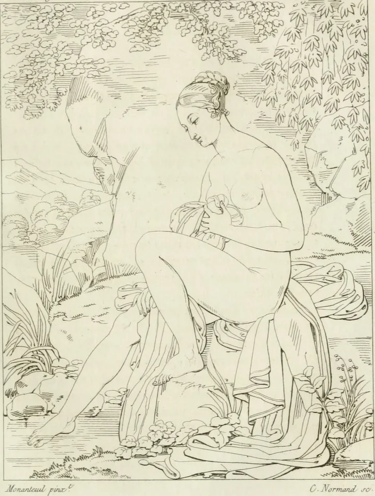 An illustration from Annales du musée et de l'école moderne des beaux-arts : recueil de gravures au trait, d'après les principaux ouvrages de peinture, sculpture, ou projets d'architecture, qui, chaque année, ont remporté le prix, soit aux écoles spéciales, soit aux concours nationaux : les productions des artistes en tous genres, qui, aux différentes expositions, ont été citées avec éloges : les morceaux les plus estimés ou inédits de la galerie de peinture : la suite complète de celle des antiques : édifices anciens et modernes, etc., 1800, leaf 174