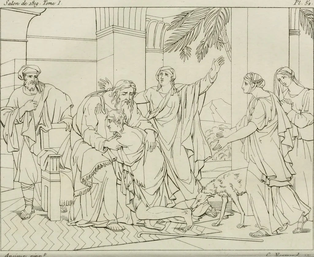 An illustration from Annales du musée et de l'école moderne des beaux-arts : recueil de gravures au trait, d'après les principaux ouvrages de peinture, sculpture, ou projets d'architecture, qui, chaque année, ont remporté le prix, soit aux écoles spéciales, soit aux concours nationaux : les productions des artistes en tous genres, qui, aux différentes expositions, ont été citées avec éloges : les morceaux les plus estimés ou inédits de la galerie de peinture : la suite complète de celle des antiques : édifices anciens et modernes, etc., 1800, leaf 177