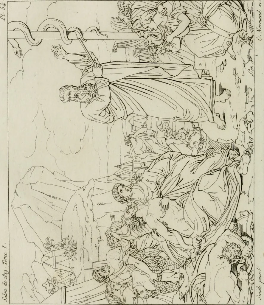 An illustration from Annales du musée et de l'école moderne des beaux-arts : recueil de gravures au trait, d'après les principaux ouvrages de peinture, sculpture, ou projets d'architecture, qui, chaque année, ont remporté le prix, soit aux écoles spéciales, soit aux concours nationaux : les productions des artistes en tous genres, qui, aux différentes expositions, ont été citées avec éloges : les morceaux les plus estimés ou inédits de la galerie de peinture : la suite complète de celle des antiques : édifices anciens et modernes, etc., 1800, leaf 183