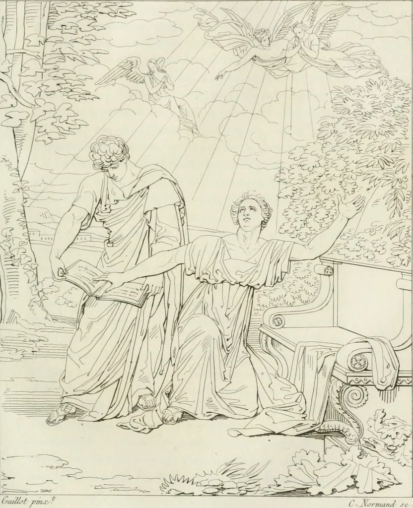An illustration from Annales du musée et de l'école moderne des beaux-arts : recueil de gravures au trait, d'après les principaux ouvrages de peinture, sculpture, ou projets d'architecture, qui, chaque année, ont remporté le prix, soit aux écoles spéciales, soit aux concours nationaux : les productions des artistes en tous genres, qui, aux différentes expositions, ont été citées avec éloges : les morceaux les plus estimés ou inédits de la galerie de peinture : la suite complète de celle des antiques : édifices anciens et modernes, etc., 1800, leaf 192