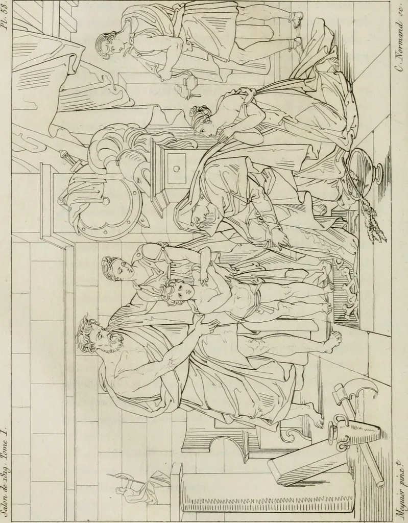 An illustration from Annales du musée et de l'école moderne des beaux-arts : recueil de gravures au trait, d'après les principaux ouvrages de peinture, sculpture, ou projets d'architecture, qui, chaque année, ont remporté le prix, soit aux écoles spéciales, soit aux concours nationaux : les productions des artistes en tous genres, qui, aux différentes expositions, ont été citées avec éloges : les morceaux les plus estimés ou inédits de la galerie de peinture : la suite complète de celle des antiques : édifices anciens et modernes, etc., 1800, leaf 197