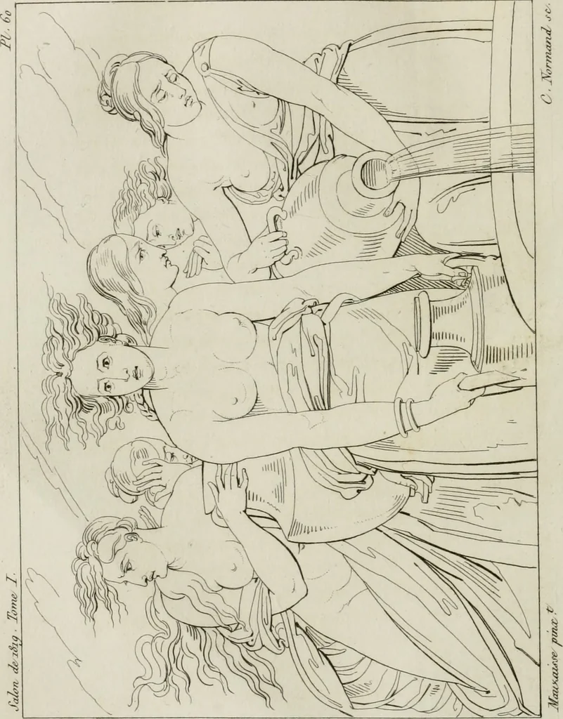An illustration from Annales du musée et de l'école moderne des beaux-arts : recueil de gravures au trait, d'après les principaux ouvrages de peinture, sculpture, ou projets d'architecture, qui, chaque année, ont remporté le prix, soit aux écoles spéciales, soit aux concours nationaux : les productions des artistes en tous genres, qui, aux différentes expositions, ont été citées avec éloges : les morceaux les plus estimés ou inédits de la galerie de peinture : la suite complète de celle des antiques : édifices anciens et modernes, etc., 1800, leaf 203