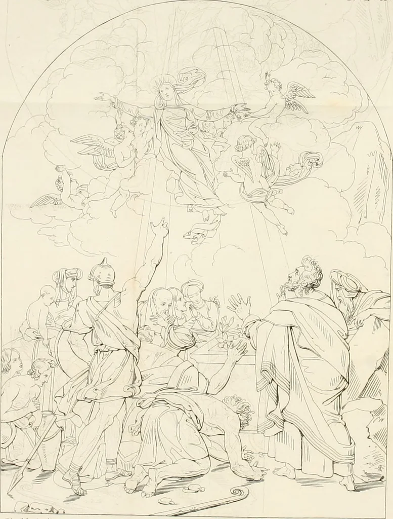 An illustration from Annales du musée et de l'école moderne des beaux-arts : recueil de gravures au trait, d'après les principaux ouvrages de peinture, sculpture, ou projets d'architecture, qui, chaque année, ont remporté le prix, soit aux écoles spéciales, soit aux concours nationaux : les productions des artistes en tous genres, qui, aux différentes expositions, ont été citées avec éloges : les morceaux les plus estimés ou inédits de la galerie de peinture : la suite complète de celle des antiques : édifices anciens et modernes, etc., 1800, leaf 206