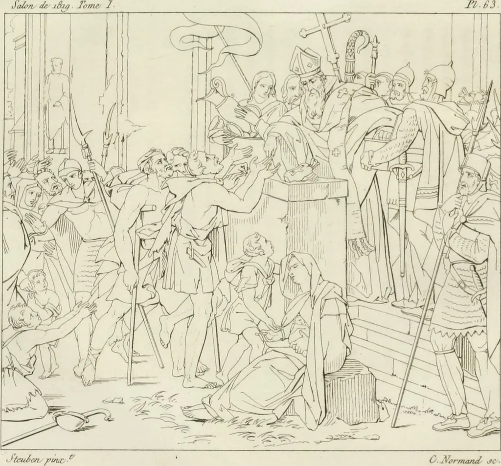An illustration from Annales du musée et de l'école moderne des beaux-arts : recueil de gravures au trait, d'après les principaux ouvrages de peinture, sculpture, ou projets d'architecture, qui, chaque année, ont remporté le prix, soit aux écoles spéciales, soit aux concours nationaux : les productions des artistes en tous genres, qui, aux différentes expositions, ont été citées avec éloges : les morceaux les plus estimés ou inédits de la galerie de peinture : la suite complète de celle des antiques : édifices anciens et modernes, etc., 1800, leaf 212