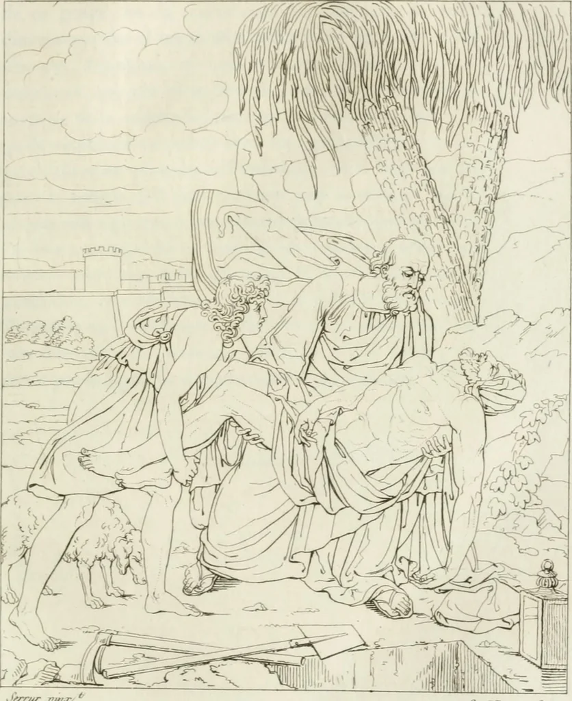 An illustration from Annales du musée et de l'école moderne des beaux-arts : recueil de gravures au trait, d'après les principaux ouvrages de peinture, sculpture, ou projets d'architecture, qui, chaque année, ont remporté le prix, soit aux écoles spéciales, soit aux concours nationaux : les productions des artistes en tous genres, qui, aux différentes expositions, ont été citées avec éloges : les morceaux les plus estimés ou inédits de la galerie de peinture : la suite complète de celle des antiques : édifices anciens et modernes, etc., 1800, leaf 216