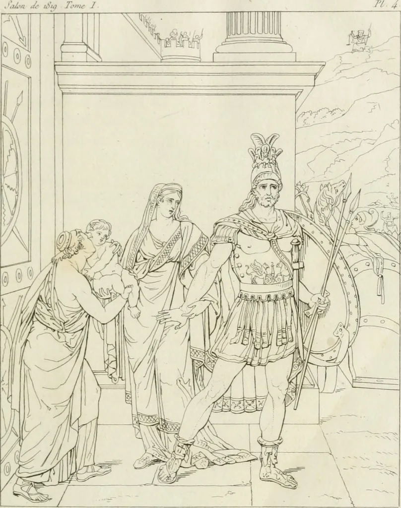 An illustration from Annales du musée et de l'école moderne des beaux-arts : recueil de gravures au trait, d'après les principaux ouvrages de peinture, sculpture, ou projets d'architecture, qui, chaque année, ont remporté le prix, soit aux écoles spéciales, soit aux concours nationaux : les productions des artistes en tous genres, qui, aux différentes expositions, ont été citées avec éloges : les morceaux les plus estimés ou inédits de la galerie de peinture : la suite complète de celle des antiques : édifices anciens et modernes, etc., 1800, leaf 22