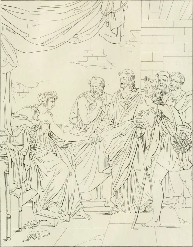 An illustration from Annales du musée et de l'école moderne des beaux-arts : recueil de gravures au trait, d'après les principaux ouvrages de peinture, sculpture, ou projets d'architecture, qui, chaque année, ont remporté le prix, soit aux écoles spéciales, soit aux concours nationaux : les productions des artistes en tous genres, qui, aux différentes expositions, ont été citées avec éloges : les morceaux les plus estimés ou inédits de la galerie de peinture : la suite complète de celle des antiques : édifices anciens et modernes, etc., 1800, leaf 220