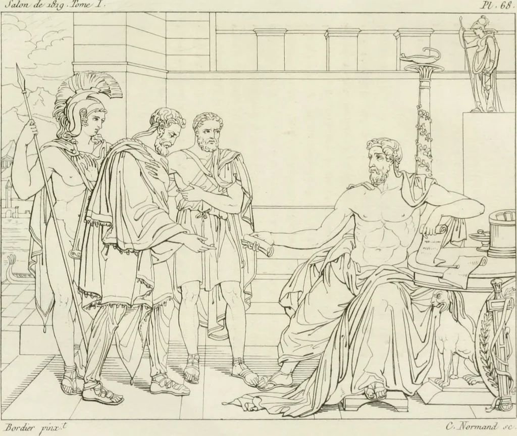 An illustration from Annales du musée et de l'école moderne des beaux-arts : recueil de gravures au trait, d'après les principaux ouvrages de peinture, sculpture, ou projets d'architecture, qui, chaque année, ont remporté le prix, soit aux écoles spéciales, soit aux concours nationaux : les productions des artistes en tous genres, qui, aux différentes expositions, ont été citées avec éloges : les morceaux les plus estimés ou inédits de la galerie de peinture : la suite complète de celle des antiques : édifices anciens et modernes, etc., 1800, leaf 232