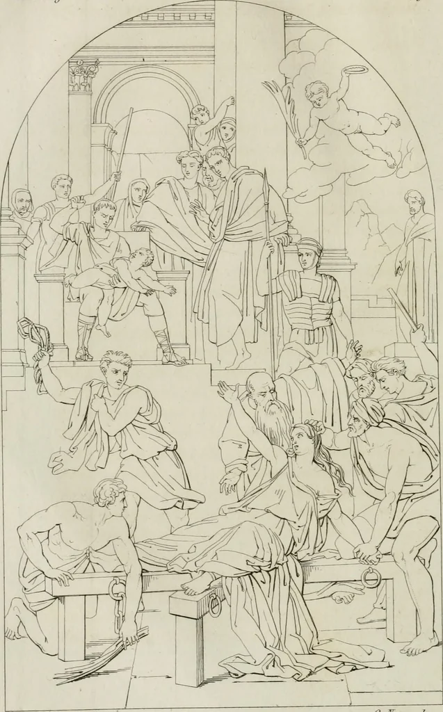 An illustration from Annales du musée et de l'école moderne des beaux-arts : recueil de gravures au trait, d'après les principaux ouvrages de peinture, sculpture, ou projets d'architecture, qui, chaque année, ont remporté le prix, soit aux écoles spéciales, soit aux concours nationaux : les productions des artistes en tous genres, qui, aux différentes expositions, ont été citées avec éloges : les morceaux les plus estimés ou inédits de la galerie de peinture : la suite complète de celle des antiques : édifices anciens et modernes, etc., 1800, leaf 235