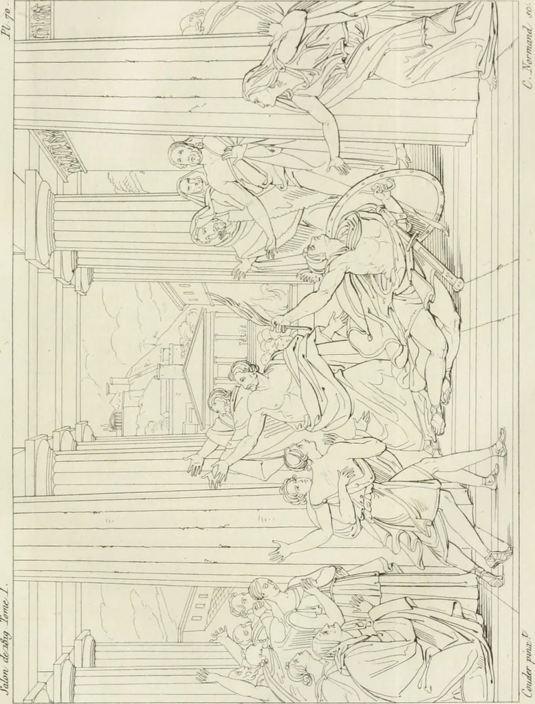 An illustration from Annales du musée et de l'école moderne des beaux-arts : recueil de gravures au trait, d'après les principaux ouvrages de peinture, sculpture, ou projets d'architecture, qui, chaque année, ont remporté le prix, soit aux écoles spéciales, soit aux concours nationaux : les productions des artistes en tous genres, qui, aux différentes expositions, ont été citées avec éloges : les morceaux les plus estimés ou inédits de la galerie de peinture : la suite complète de celle des antiques : édifices anciens et modernes, etc., 1800, leaf 240