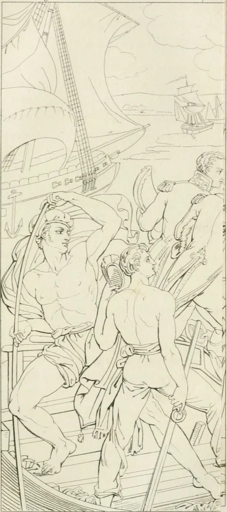 An illustration from Annales du musée et de l'école moderne des beaux-arts : recueil de gravures au trait, d'après les principaux ouvrages de peinture, sculpture, ou projets d'architecture, qui, chaque année, ont remporté le prix, soit aux écoles spéciales, soit aux concours nationaux : les productions des artistes en tous genres, qui, aux différentes expositions, ont été citées avec éloges : les morceaux les plus estimés ou inédits de la galerie de peinture : la suite complète de celle des antiques : édifices anciens et modernes, etc., 1800, leaf 244