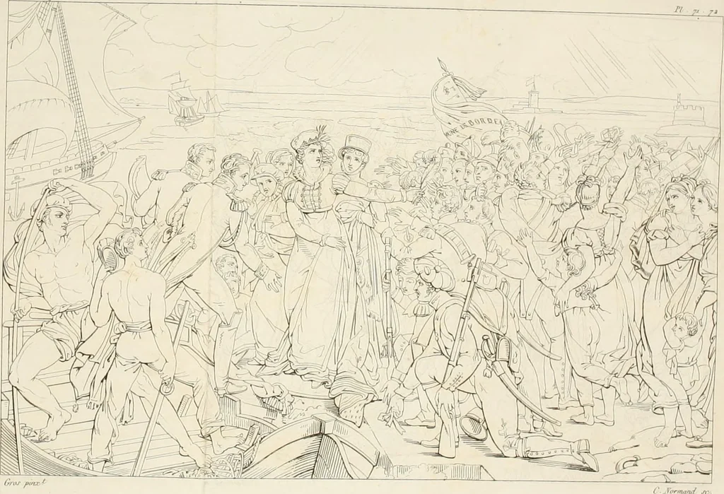 An illustration from Annales du musée et de l'école moderne des beaux-arts : recueil de gravures au trait, d'après les principaux ouvrages de peinture, sculpture, ou projets d'architecture, qui, chaque année, ont remporté le prix, soit aux écoles spéciales, soit aux concours nationaux : les productions des artistes en tous genres, qui, aux différentes expositions, ont été citées avec éloges : les morceaux les plus estimés ou inédits de la galerie de peinture : la suite complète de celle des antiques : édifices anciens et modernes, etc., 1800, leaf 245