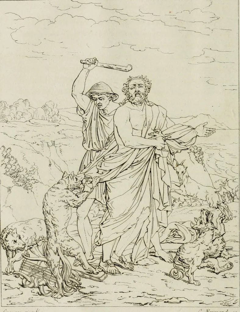 An illustration from Annales du musée et de l'école moderne des beaux-arts : recueil de gravures au trait, d'après les principaux ouvrages de peinture, sculpture, ou projets d'architecture, qui, chaque année, ont remporté le prix, soit aux écoles spéciales, soit aux concours nationaux : les productions des artistes en tous genres, qui, aux différentes expositions, ont été citées avec éloges : les morceaux les plus estimés ou inédits de la galerie de peinture : la suite complète de celle des antiques : édifices anciens et modernes, etc., 1800, leaf 25