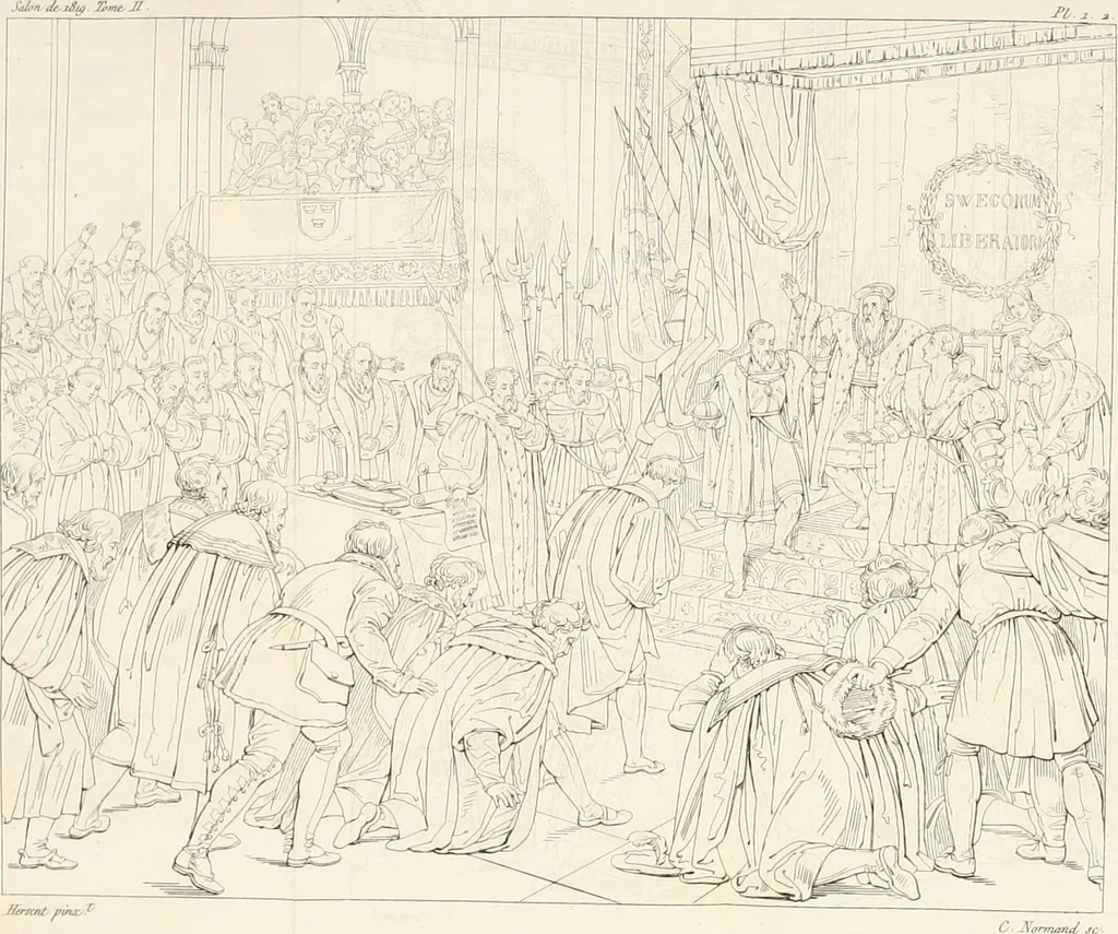 An illustration from Annales du musée et de l'école moderne des beaux-arts : recueil de gravures au trait, d'après les principaux ouvrages de peinture, sculpture, ou projets d'architecture, qui, chaque année, ont remporté le prix, soit aux écoles spéciales, soit aux concours nationaux : les productions des artistes en tous genres, qui, aux différentes expositions, ont été citées avec éloges : les morceaux les plus estimés ou inédits de la galerie de peinture : la suite complète de celle des antiques : édifices anciens et modernes, etc., 1800, leaf 254