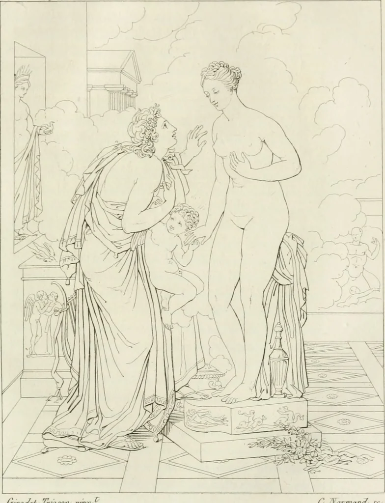 An illustration from Annales du musée et de l'école moderne des beaux-arts : recueil de gravures au trait, d'après les principaux ouvrages de peinture, sculpture, ou projets d'architecture, qui, chaque année, ont remporté le prix, soit aux écoles spéciales, soit aux concours nationaux : les productions des artistes en tous genres, qui, aux différentes expositions, ont été citées avec éloges : les morceaux les plus estimés ou inédits de la galerie de peinture : la suite complète de celle des antiques : édifices anciens et modernes, etc., 1800, leaf 262