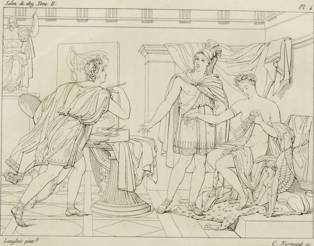 An illustration from Annales du musée et de l'école moderne des beaux-arts : recueil de gravures au trait, d'après les principaux ouvrages de peinture, sculpture, ou projets d'architecture, qui, chaque année, ont remporté le prix, soit aux écoles spéciales, soit aux concours nationaux : les productions des artistes en tous genres, qui, aux différentes expositions, ont été citées avec éloges : les morceaux les plus estimés ou inédits de la galerie de peinture : la suite complète de celle des antiques : édifices anciens et modernes, etc., 1800, leaf 271