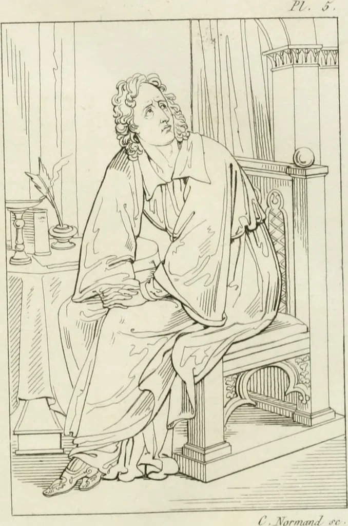 An illustration from Annales du musée et de l'école moderne des beaux-arts : recueil de gravures au trait, d'après les principaux ouvrages de peinture, sculpture, ou projets d'architecture, qui, chaque année, ont remporté le prix, soit aux écoles spéciales, soit aux concours nationaux : les productions des artistes en tous genres, qui, aux différentes expositions, ont été citées avec éloges : les morceaux les plus estimés ou inédits de la galerie de peinture : la suite complète de celle des antiques : édifices anciens et modernes, etc., 1800, leaf 274