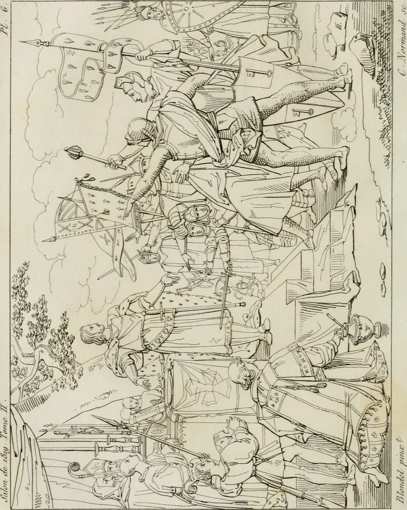 An illustration from Annales du musée et de l'école moderne des beaux-arts : recueil de gravures au trait, d'après les principaux ouvrages de peinture, sculpture, ou projets d'architecture, qui, chaque année, ont remporté le prix, soit aux écoles spéciales, soit aux concours nationaux : les productions des artistes en tous genres, qui, aux différentes expositions, ont été citées avec éloges : les morceaux les plus estimés ou inédits de la galerie de peinture : la suite complète de celle des antiques : édifices anciens et modernes, etc., 1800, leaf 277