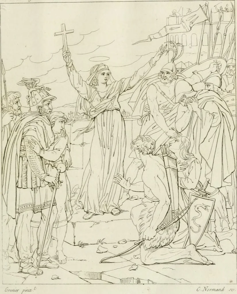 An illustration from Annales du musée et de l'école moderne des beaux-arts : recueil de gravures au trait, d'après les principaux ouvrages de peinture, sculpture, ou projets d'architecture, qui, chaque année, ont remporté le prix, soit aux écoles spéciales, soit aux concours nationaux : les productions des artistes en tous genres, qui, aux différentes expositions, ont été citées avec éloges : les morceaux les plus estimés ou inédits de la galerie de peinture : la suite complète de celle des antiques : édifices anciens et modernes, etc., 1800, leaf 28