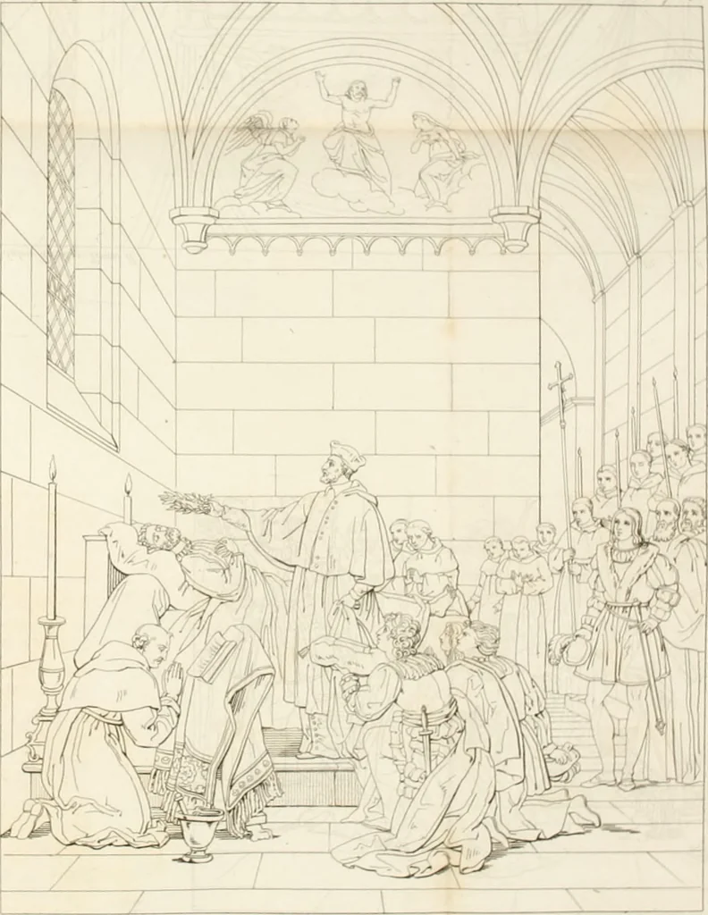 An illustration from Annales du musée et de l'école moderne des beaux-arts : recueil de gravures au trait, d'après les principaux ouvrages de peinture, sculpture, ou projets d'architecture, qui, chaque année, ont remporté le prix, soit aux écoles spéciales, soit aux concours nationaux : les productions des artistes en tous genres, qui, aux différentes expositions, ont été citées avec éloges : les morceaux les plus estimés ou inédits de la galerie de peinture : la suite complète de celle des antiques : édifices anciens et modernes, etc., 1800, leaf 281