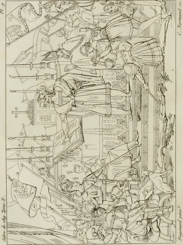 An illustration from Annales du musée et de l'école moderne des beaux-arts : recueil de gravures au trait, d'après les principaux ouvrages de peinture, sculpture, ou projets d'architecture, qui, chaque année, ont remporté le prix, soit aux écoles spéciales, soit aux concours nationaux : les productions des artistes en tous genres, qui, aux différentes expositions, ont été citées avec éloges : les morceaux les plus estimés ou inédits de la galerie de peinture : la suite complète de celle des antiques : édifices anciens et modernes, etc., 1800, leaf 283