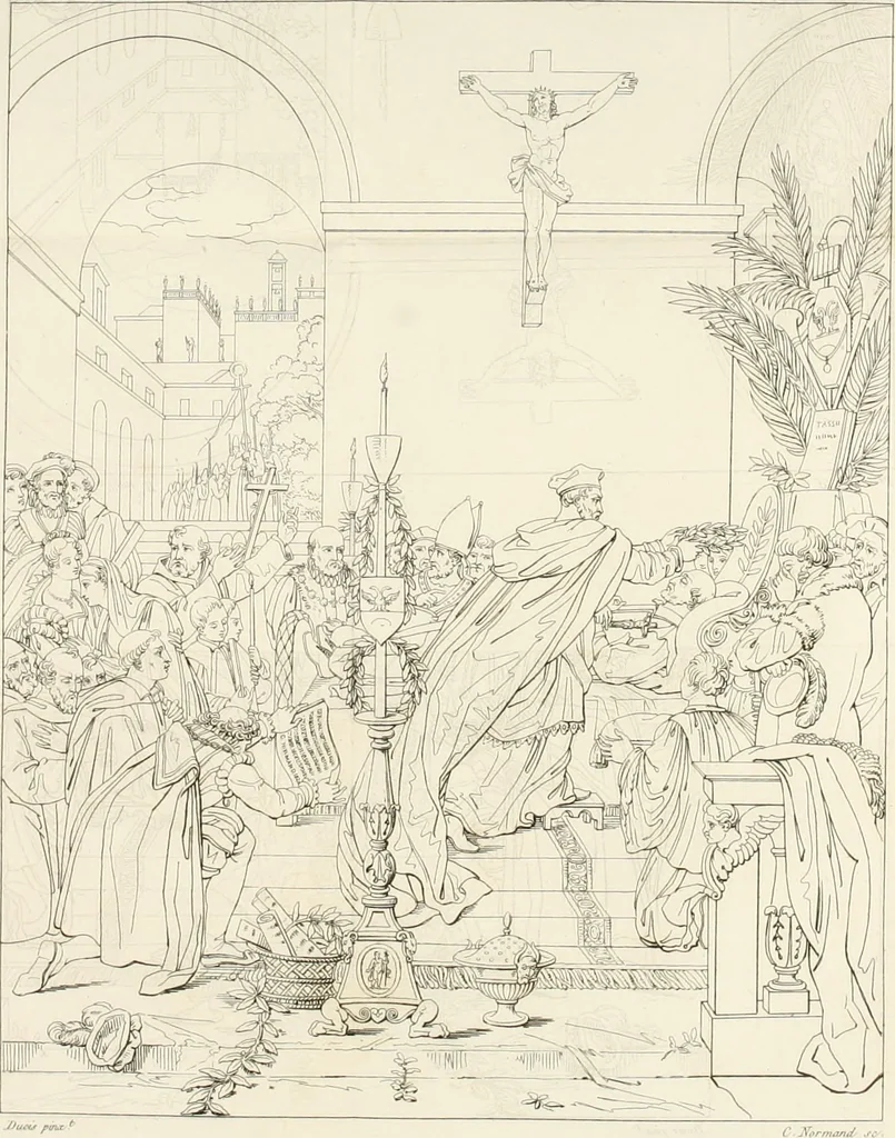 An illustration from Annales du musée et de l'école moderne des beaux-arts : recueil de gravures au trait, d'après les principaux ouvrages de peinture, sculpture, ou projets d'architecture, qui, chaque année, ont remporté le prix, soit aux écoles spéciales, soit aux concours nationaux : les productions des artistes en tous genres, qui, aux différentes expositions, ont été citées avec éloges : les morceaux les plus estimés ou inédits de la galerie de peinture : la suite complète de celle des antiques : édifices anciens et modernes, etc., 1800, leaf 294