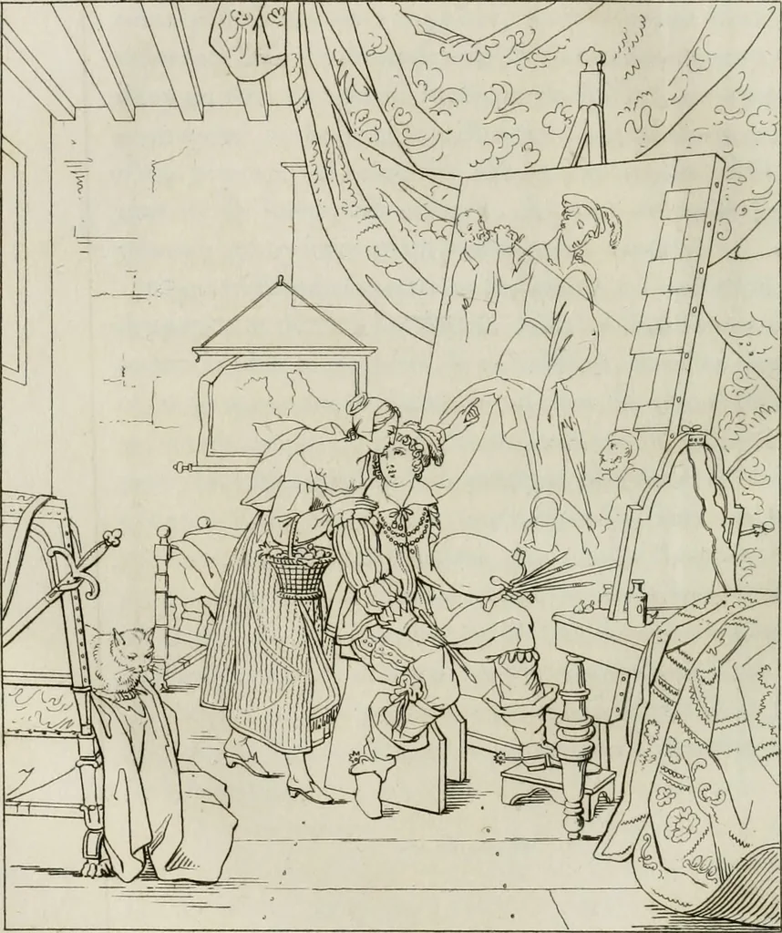 An illustration from Annales du musée et de l'école moderne des beaux-arts : recueil de gravures au trait, d'après les principaux ouvrages de peinture, sculpture, ou projets d'architecture, qui, chaque année, ont remporté le prix, soit aux écoles spéciales, soit aux concours nationaux : les productions des artistes en tous genres, qui, aux différentes expositions, ont été citées avec éloges : les morceaux les plus estimés ou inédits de la galerie de peinture : la suite complète de celle des antiques : édifices anciens et modernes, etc., 1800, leaf 299