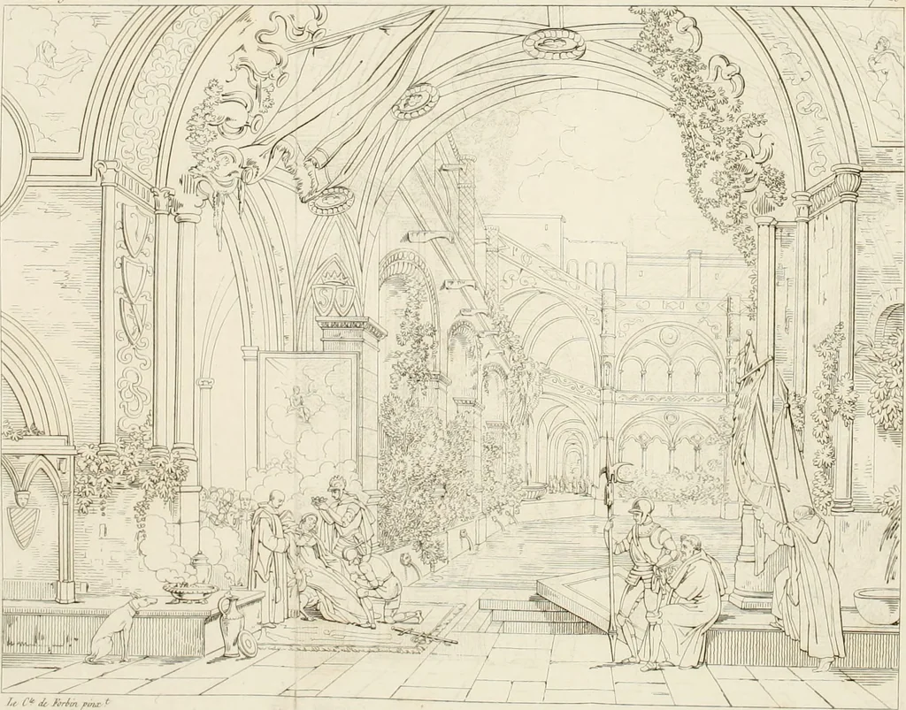 An illustration from Annales du musée et de l'école moderne des beaux-arts : recueil de gravures au trait, d'après les principaux ouvrages de peinture, sculpture, ou projets d'architecture, qui, chaque année, ont remporté le prix, soit aux écoles spéciales, soit aux concours nationaux : les productions des artistes en tous genres, qui, aux différentes expositions, ont été citées avec éloges : les morceaux les plus estimés ou inédits de la galerie de peinture : la suite complète de celle des antiques : édifices anciens et modernes, etc., 1800, leaf 304