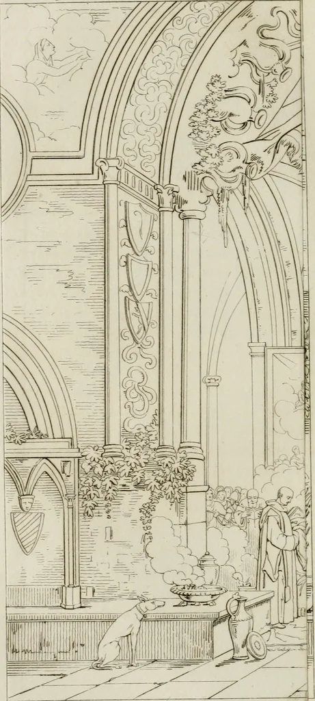 An illustration from Annales du musée et de l'école moderne des beaux-arts : recueil de gravures au trait, d'après les principaux ouvrages de peinture, sculpture, ou projets d'architecture, qui, chaque année, ont remporté le prix, soit aux écoles spéciales, soit aux concours nationaux : les productions des artistes en tous genres, qui, aux différentes expositions, ont été citées avec éloges : les morceaux les plus estimés ou inédits de la galerie de peinture : la suite complète de celle des antiques : édifices anciens et modernes, etc., 1800, leaf 305