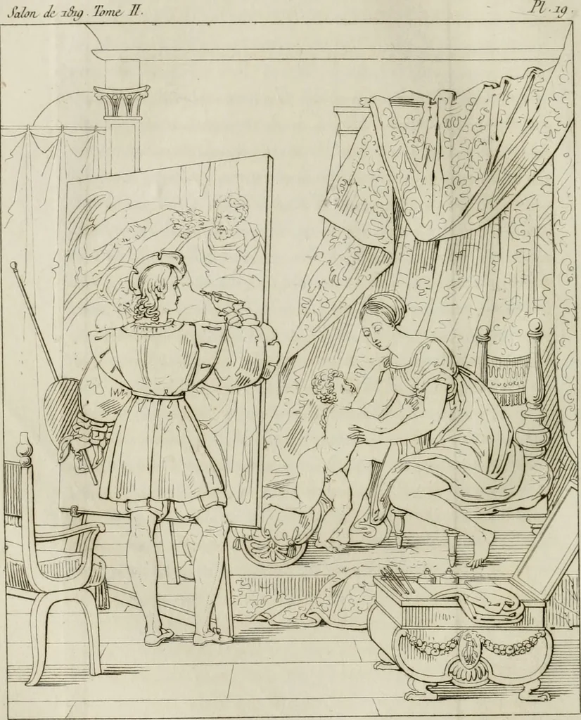 An illustration from Annales du musée et de l'école moderne des beaux-arts : recueil de gravures au trait, d'après les principaux ouvrages de peinture, sculpture, ou projets d'architecture, qui, chaque année, ont remporté le prix, soit aux écoles spéciales, soit aux concours nationaux : les productions des artistes en tous genres, qui, aux différentes expositions, ont été citées avec éloges : les morceaux les plus estimés ou inédits de la galerie de peinture : la suite complète de celle des antiques : édifices anciens et modernes, etc., 1800, leaf 309