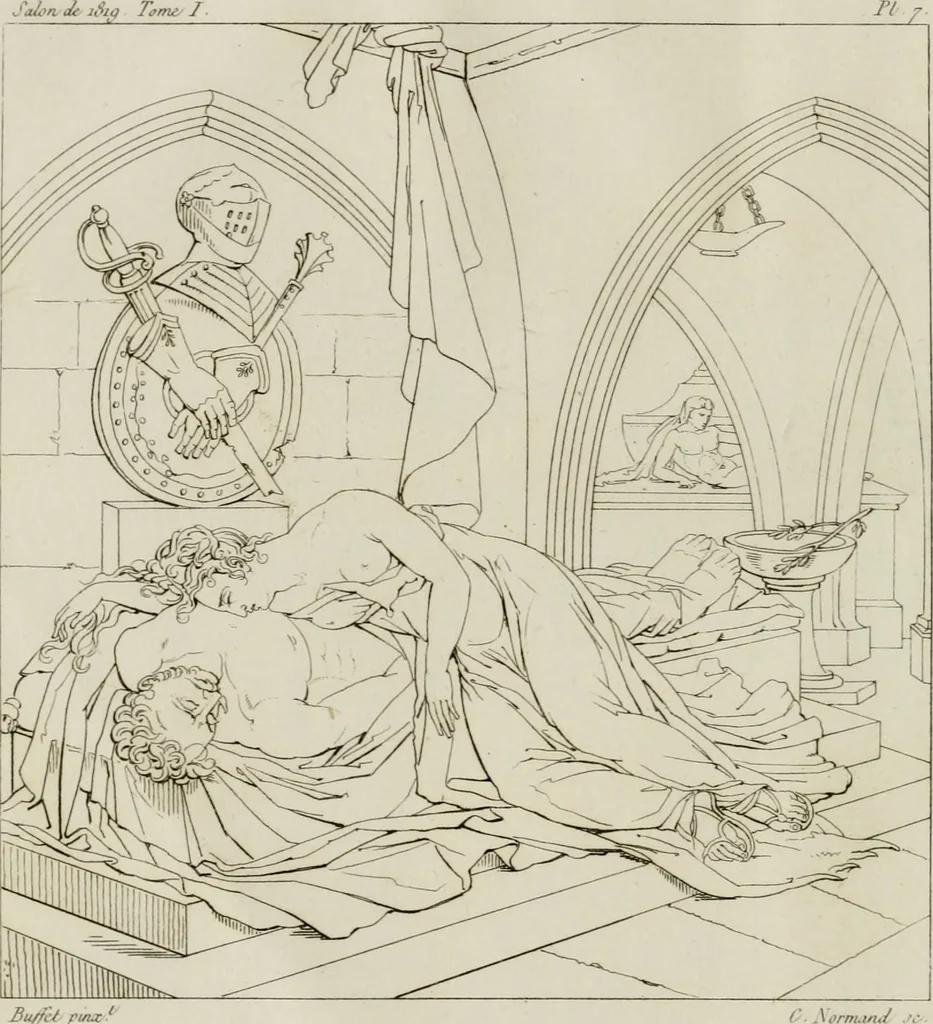 An illustration from Annales du musée et de l'école moderne des beaux-arts : recueil de gravures au trait, d'après les principaux ouvrages de peinture, sculpture, ou projets d'architecture, qui, chaque année, ont remporté le prix, soit aux écoles spéciales, soit aux concours nationaux : les productions des artistes en tous genres, qui, aux différentes expositions, ont été citées avec éloges : les morceaux les plus estimés ou inédits de la galerie de peinture : la suite complète de celle des antiques : édifices anciens et modernes, etc., 1800, leaf 31