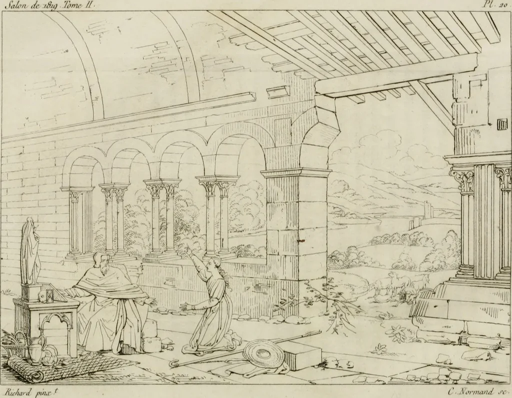 An illustration from Annales du musée et de l'école moderne des beaux-arts : recueil de gravures au trait, d'après les principaux ouvrages de peinture, sculpture, ou projets d'architecture, qui, chaque année, ont remporté le prix, soit aux écoles spéciales, soit aux concours nationaux : les productions des artistes en tous genres, qui, aux différentes expositions, ont été citées avec éloges : les morceaux les plus estimés ou inédits de la galerie de peinture : la suite complète de celle des antiques : édifices anciens et modernes, etc., 1800, leaf 313