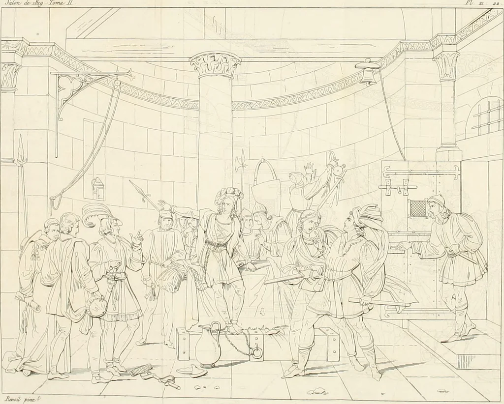 An illustration from Annales du musée et de l'école moderne des beaux-arts : recueil de gravures au trait, d'après les principaux ouvrages de peinture, sculpture, ou projets d'architecture, qui, chaque année, ont remporté le prix, soit aux écoles spéciales, soit aux concours nationaux : les productions des artistes en tous genres, qui, aux différentes expositions, ont été citées avec éloges : les morceaux les plus estimés ou inédits de la galerie de peinture : la suite complète de celle des antiques : édifices anciens et modernes, etc., 1800, leaf 316