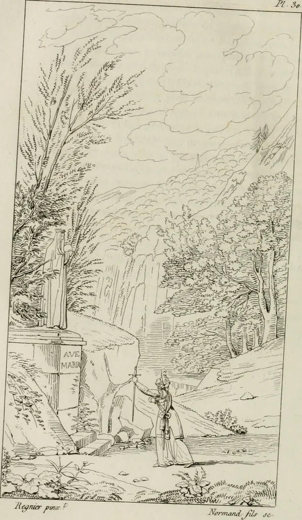 An illustration from Annales du musée et de l'école moderne des beaux-arts : recueil de gravures au trait, d'après les principaux ouvrages de peinture, sculpture, ou projets d'architecture, qui, chaque année, ont remporté le prix, soit aux écoles spéciales, soit aux concours nationaux : les productions des artistes en tous genres, qui, aux différentes expositions, ont été citées avec éloges : les morceaux les plus estimés ou inédits de la galerie de peinture : la suite complète de celle des antiques : édifices anciens et modernes, etc., 1800, leaf 343