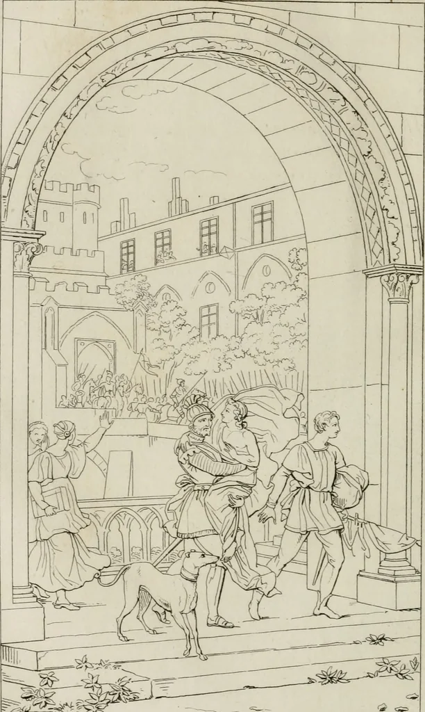 An illustration from Annales du musée et de l'école moderne des beaux-arts : recueil de gravures au trait, d'après les principaux ouvrages de peinture, sculpture, ou projets d'architecture, qui, chaque année, ont remporté le prix, soit aux écoles spéciales, soit aux concours nationaux : les productions des artistes en tous genres, qui, aux différentes expositions, ont été citées avec éloges : les morceaux les plus estimés ou inédits de la galerie de peinture : la suite complète de celle des antiques : édifices anciens et modernes, etc., 1800, leaf 349