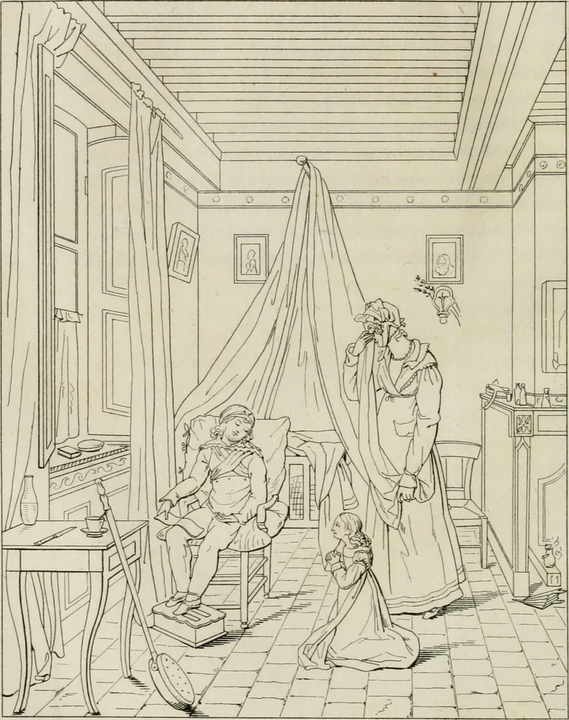 An illustration from Annales du musée et de l'école moderne des beaux-arts : recueil de gravures au trait, d'après les principaux ouvrages de peinture, sculpture, ou projets d'architecture, qui, chaque année, ont remporté le prix, soit aux écoles spéciales, soit aux concours nationaux : les productions des artistes en tous genres, qui, aux différentes expositions, ont été citées avec éloges : les morceaux les plus estimés ou inédits de la galerie de peinture : la suite complète de celle des antiques : édifices anciens et modernes, etc., 1800, leaf 357