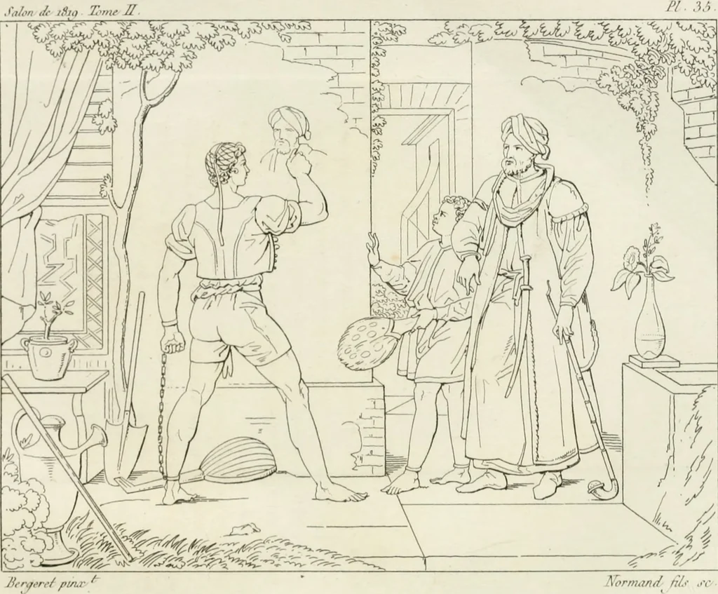 An illustration from Annales du musée et de l'école moderne des beaux-arts : recueil de gravures au trait, d'après les principaux ouvrages de peinture, sculpture, ou projets d'architecture, qui, chaque année, ont remporté le prix, soit aux écoles spéciales, soit aux concours nationaux : les productions des artistes en tous genres, qui, aux différentes expositions, ont été citées avec éloges : les morceaux les plus estimés ou inédits de la galerie de peinture : la suite complète de celle des antiques : édifices anciens et modernes, etc., 1800, leaf 360