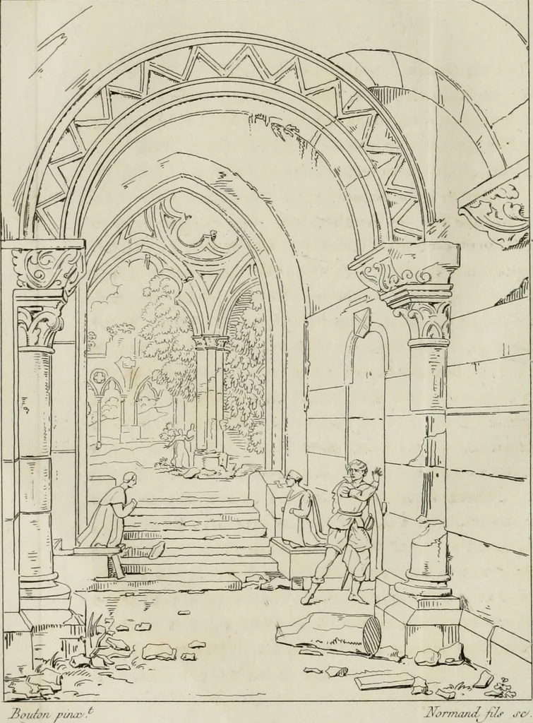 An illustration from Annales du musée et de l'école moderne des beaux-arts : recueil de gravures au trait, d'après les principaux ouvrages de peinture, sculpture, ou projets d'architecture, qui, chaque année, ont remporté le prix, soit aux écoles spéciales, soit aux concours nationaux : les productions des artistes en tous genres, qui, aux différentes expositions, ont été citées avec éloges : les morceaux les plus estimés ou inédits de la galerie de peinture : la suite complète de celle des antiques : édifices anciens et modernes, etc., 1800, leaf 363