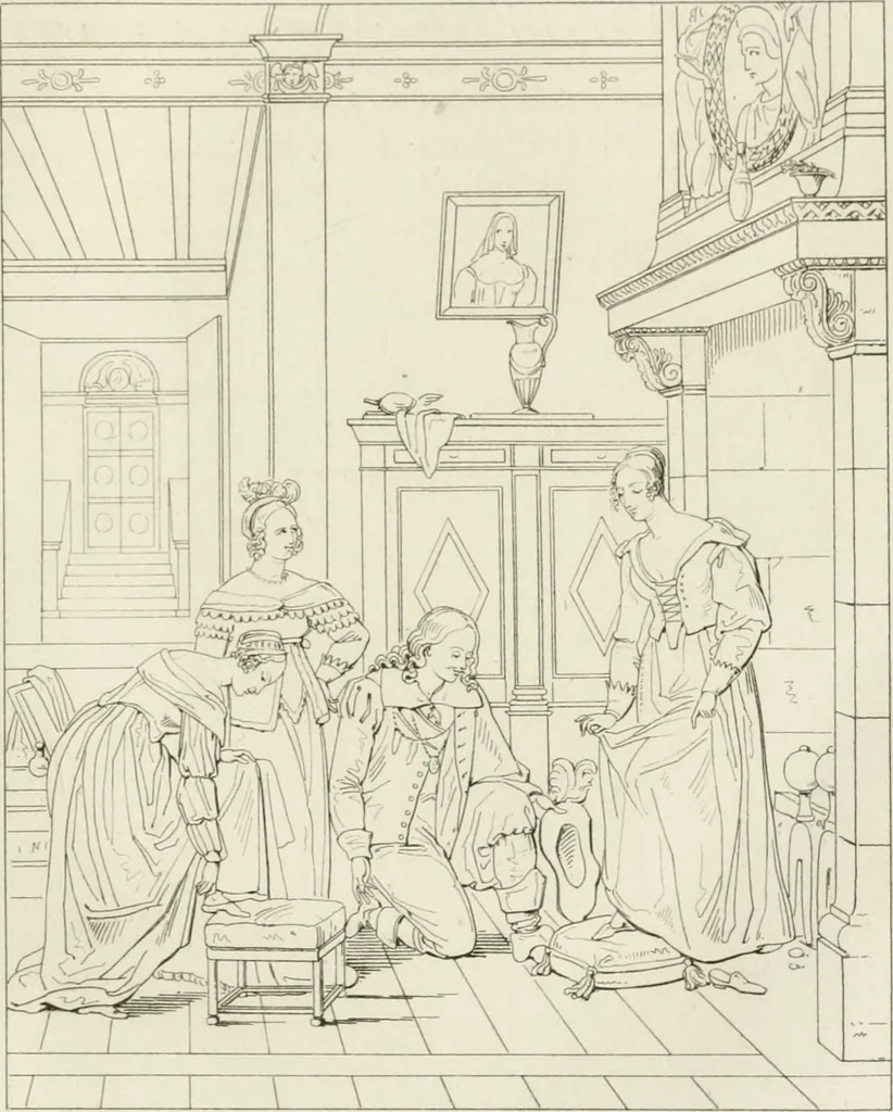 An illustration from Annales du musée et de l'école moderne des beaux-arts : recueil de gravures au trait, d'après les principaux ouvrages de peinture, sculpture, ou projets d'architecture, qui, chaque année, ont remporté le prix, soit aux écoles spéciales, soit aux concours nationaux : les productions des artistes en tous genres, qui, aux différentes expositions, ont été citées avec éloges : les morceaux les plus estimés ou inédits de la galerie de peinture : la suite complète de celle des antiques : édifices anciens et modernes, etc., 1800, leaf 372