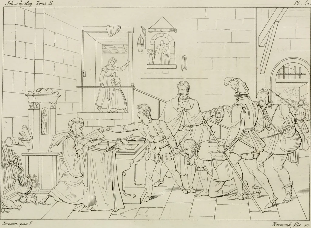 An illustration from Annales du musée et de l'école moderne des beaux-arts : recueil de gravures au trait, d'après les principaux ouvrages de peinture, sculpture, ou projets d'architecture, qui, chaque année, ont remporté le prix, soit aux écoles spéciales, soit aux concours nationaux : les productions des artistes en tous genres, qui, aux différentes expositions, ont été citées avec éloges : les morceaux les plus estimés ou inédits de la galerie de peinture : la suite complète de celle des antiques : édifices anciens et modernes, etc., 1800, leaf 375
