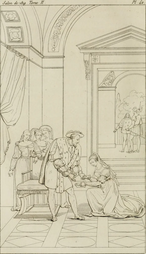 An illustration from Annales du musée et de l'école moderne des beaux-arts : recueil de gravures au trait, d'après les principaux ouvrages de peinture, sculpture, ou projets d'architecture, qui, chaque année, ont remporté le prix, soit aux écoles spéciales, soit aux concours nationaux : les productions des artistes en tous genres, qui, aux différentes expositions, ont été citées avec éloges : les morceaux les plus estimés ou inédits de la galerie de peinture : la suite complète de celle des antiques : édifices anciens et modernes, etc., 1800, leaf 381