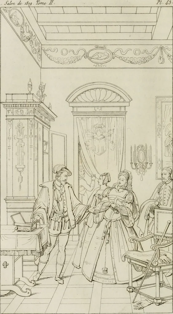 An illustration from Annales du musée et de l'école moderne des beaux-arts : recueil de gravures au trait, d'après les principaux ouvrages de peinture, sculpture, ou projets d'architecture, qui, chaque année, ont remporté le prix, soit aux écoles spéciales, soit aux concours nationaux : les productions des artistes en tous genres, qui, aux différentes expositions, ont été citées avec éloges : les morceaux les plus estimés ou inédits de la galerie de peinture : la suite complète de celle des antiques : édifices anciens et modernes, etc., 1800, leaf 385