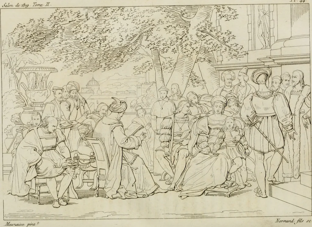 An illustration from Annales du musée et de l'école moderne des beaux-arts : recueil de gravures au trait, d'après les principaux ouvrages de peinture, sculpture, ou projets d'architecture, qui, chaque année, ont remporté le prix, soit aux écoles spéciales, soit aux concours nationaux : les productions des artistes en tous genres, qui, aux différentes expositions, ont été citées avec éloges : les morceaux les plus estimés ou inédits de la galerie de peinture : la suite complète de celle des antiques : édifices anciens et modernes, etc., 1800, leaf 389