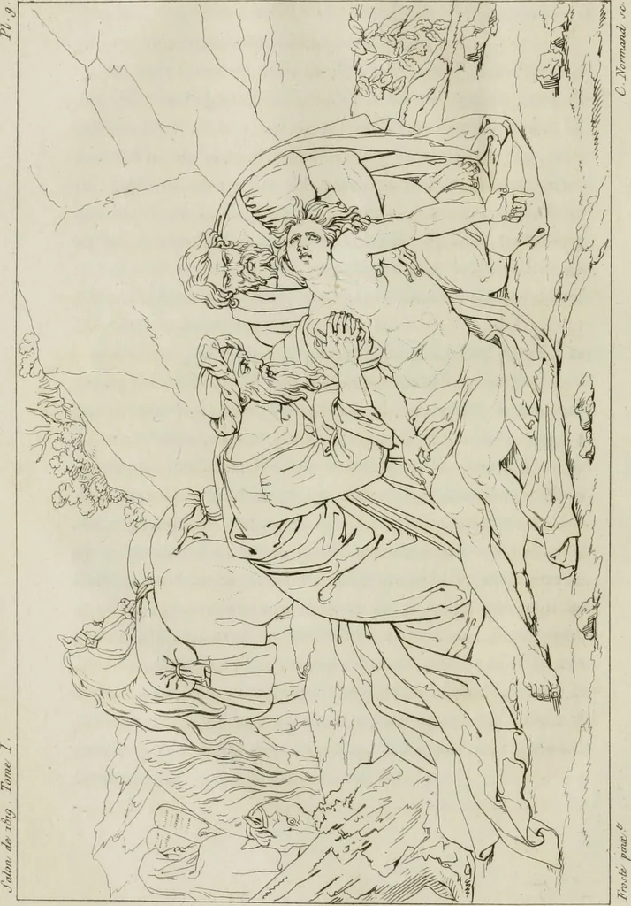 An illustration from Annales du musée et de l'école moderne des beaux-arts : recueil de gravures au trait, d'après les principaux ouvrages de peinture, sculpture, ou projets d'architecture, qui, chaque année, ont remporté le prix, soit aux écoles spéciales, soit aux concours nationaux : les productions des artistes en tous genres, qui, aux différentes expositions, ont été citées avec éloges : les morceaux les plus estimés ou inédits de la galerie de peinture : la suite complète de celle des antiques : édifices anciens et modernes, etc., 1800, leaf 39
