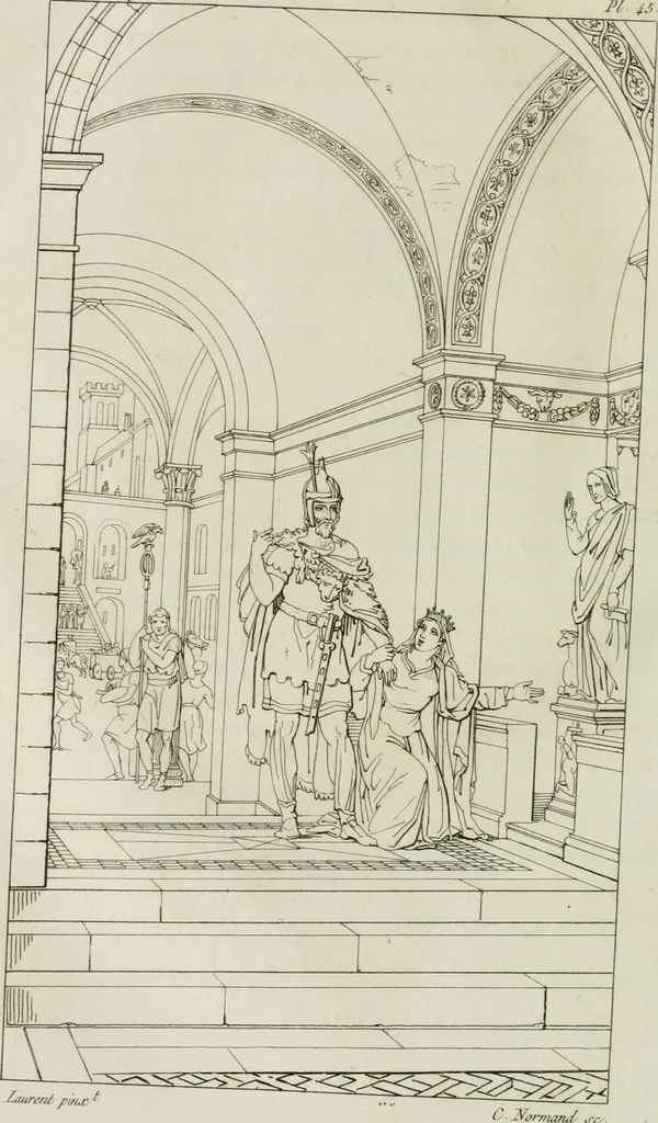 An illustration from Annales du musée et de l'école moderne des beaux-arts : recueil de gravures au trait, d'après les principaux ouvrages de peinture, sculpture, ou projets d'architecture, qui, chaque année, ont remporté le prix, soit aux écoles spéciales, soit aux concours nationaux : les productions des artistes en tous genres, qui, aux différentes expositions, ont été citées avec éloges : les morceaux les plus estimés ou inédits de la galerie de peinture : la suite complète de celle des antiques : édifices anciens et modernes, etc., 1800, leaf 393